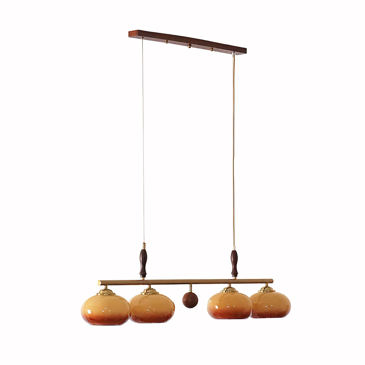 Amber Trio Pendant Light – Brass & Wood Linear Chandelier