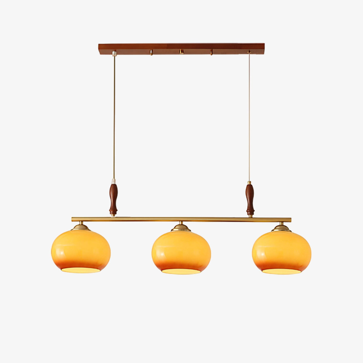 Amber Trio Pendant Light – Brass & Wood Linear Chandelier