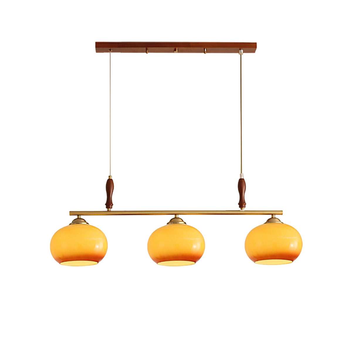 Amber Trio Pendant Light – Brass & Wood Linear Chandelier