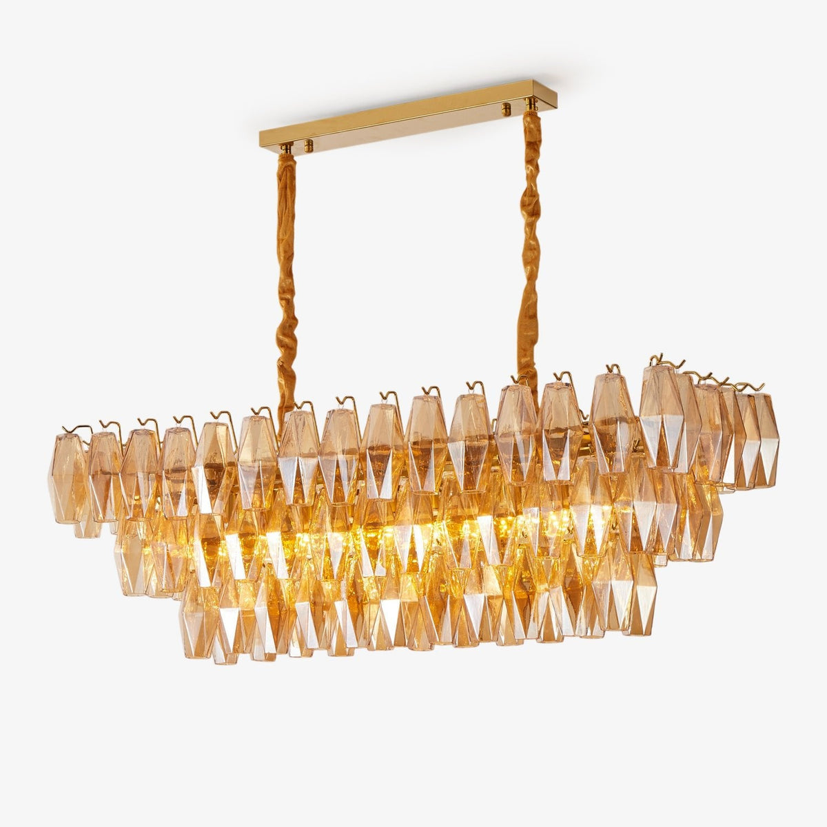 Amber Prism Glass Chandelier with Gold Frame – Modern Luxury Lighting