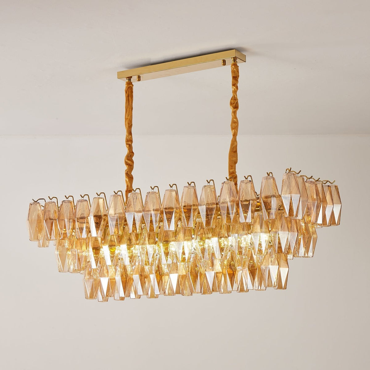 Amber Prism Glass Chandelier with Gold Frame – Modern Luxury Lighting