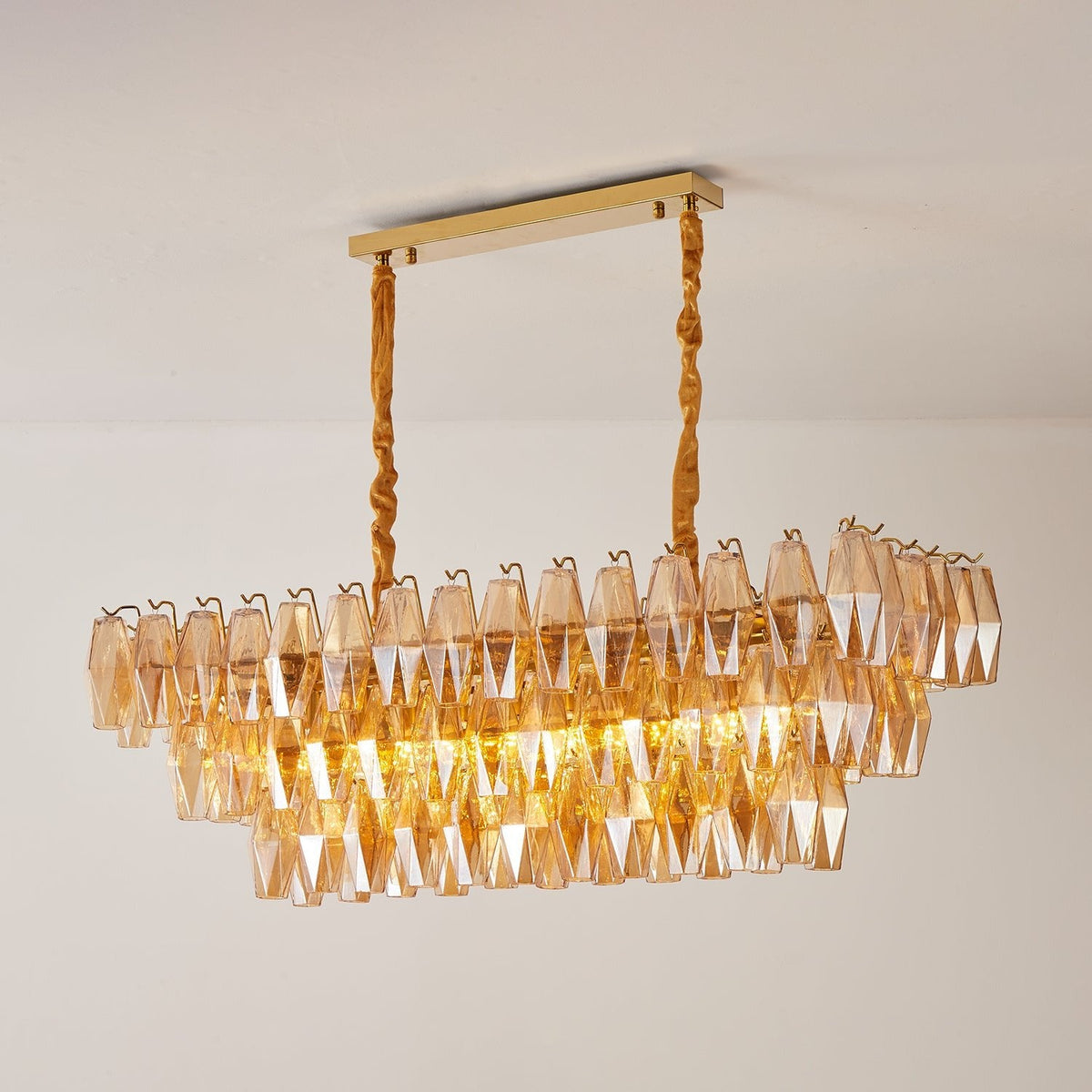 Amber Prism Glass Chandelier with Gold Frame – Modern Luxury Lighting