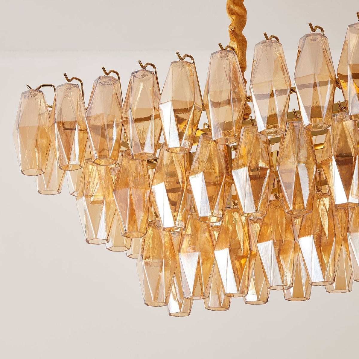 Amber Prism Glass Chandelier with Gold Frame – Modern Luxury Lighting