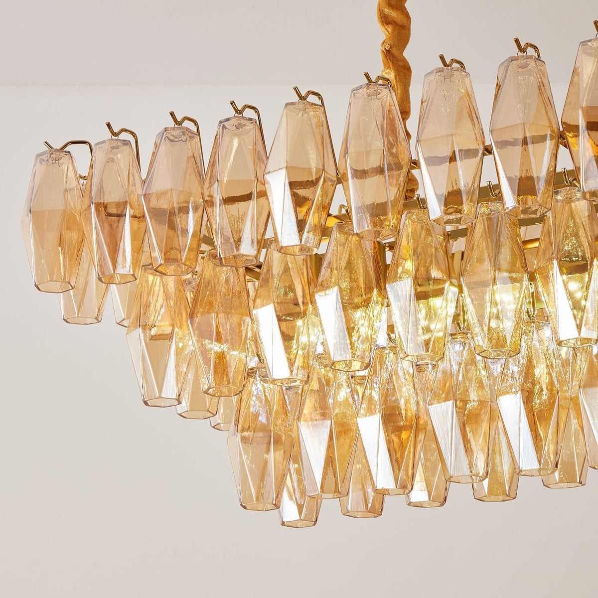 Amber Prism Glass Chandelier with Gold Frame – Modern Luxury Lighting