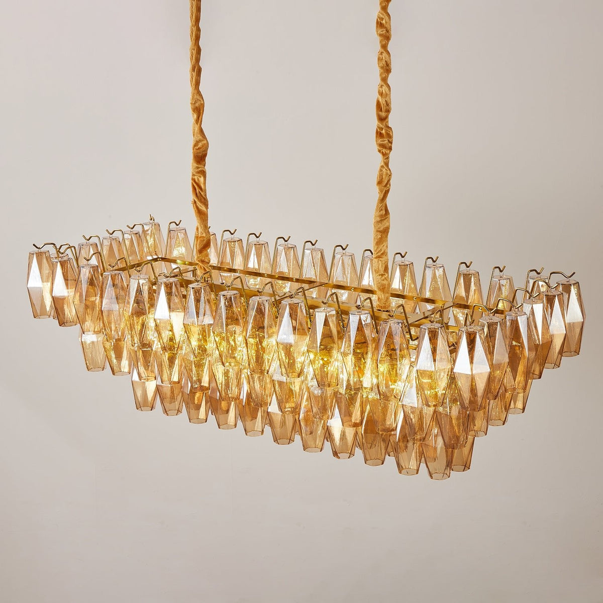 Amber Prism Glass Chandelier with Gold Frame – Modern Luxury Lighting
