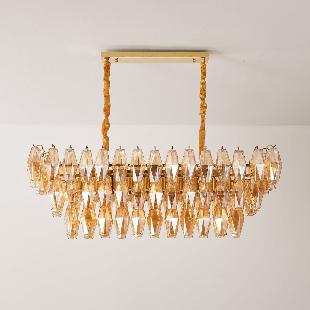 Amber Prism Glass Chandelier with Gold Frame – Modern Luxury Lighting