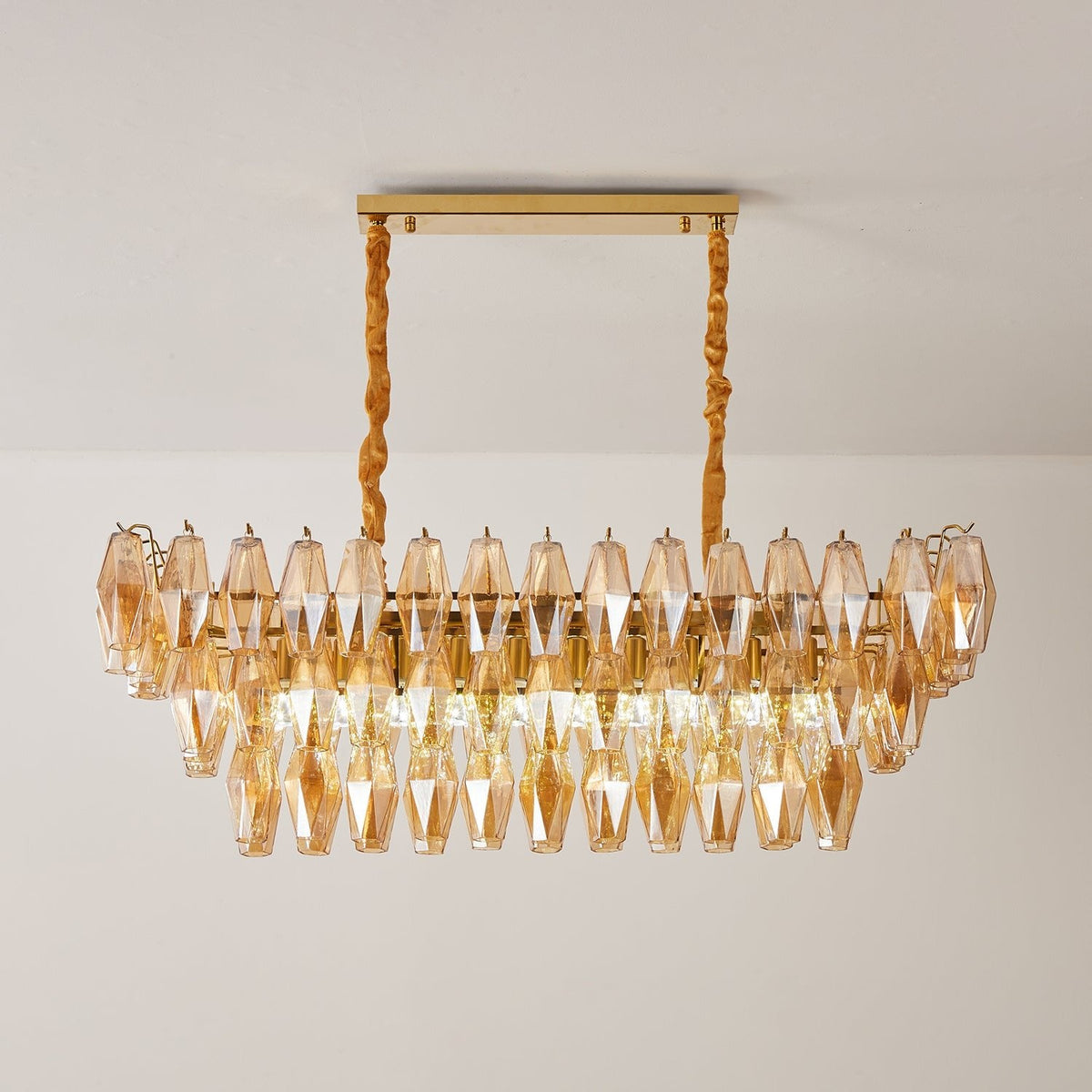 Amber Prism Glass Chandelier with Gold Frame – Modern Luxury Lighting
