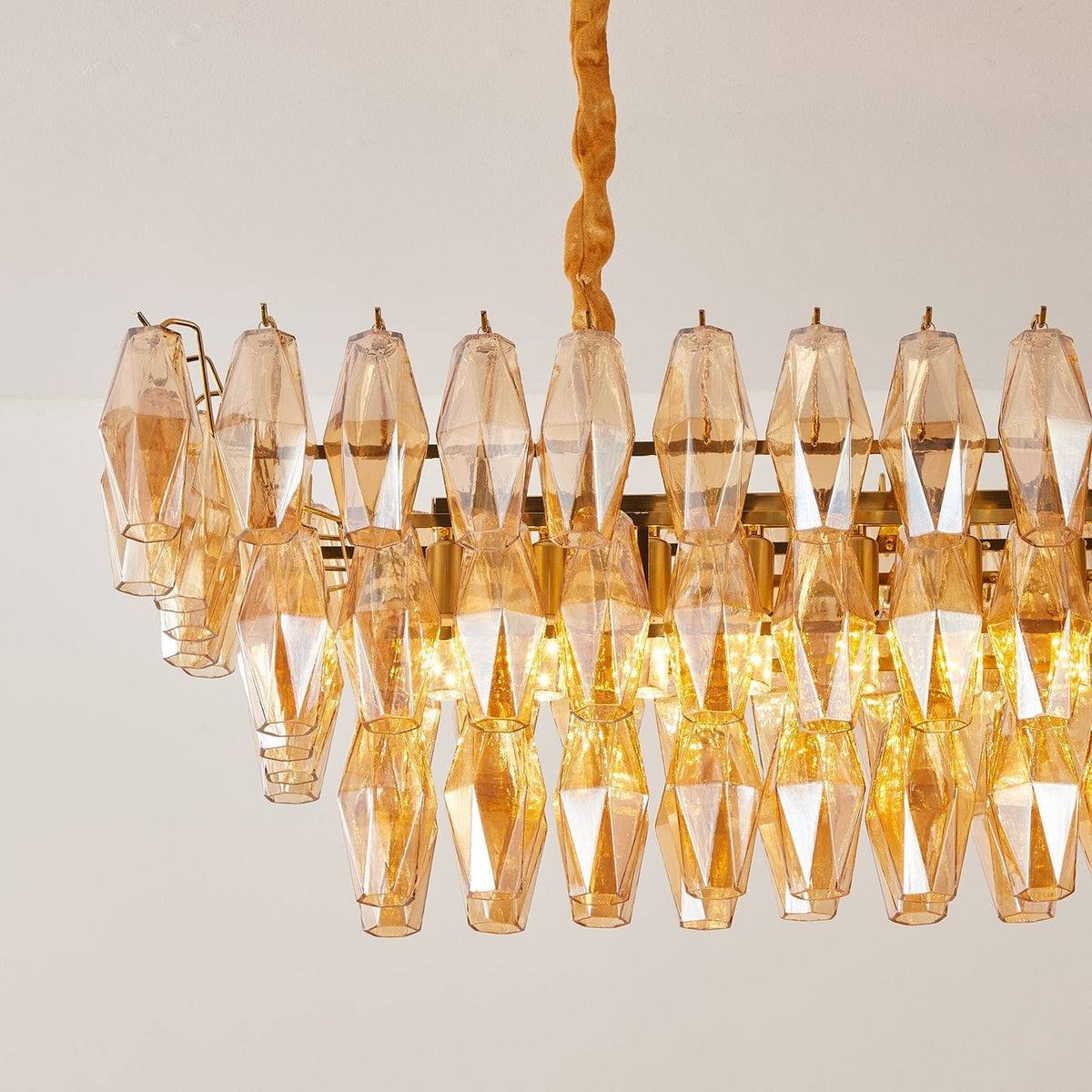 Amber Prism Glass Chandelier with Gold Frame – Modern Luxury Lighting