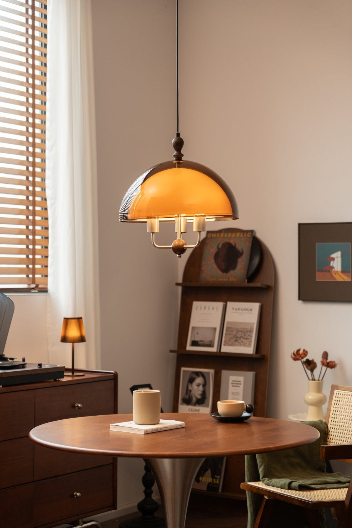Amber Dome Pendant Light with Walnut Accents – Modern Retro Illumination