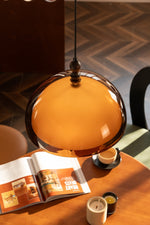 Amber Dome Pendant Light with Walnut Accents – Modern Retro Illumination