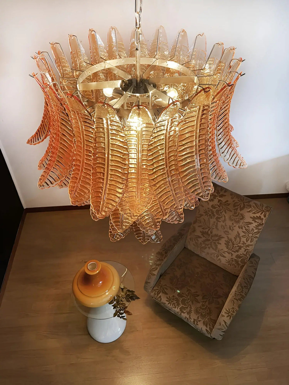 Amber Leaf Cascade Chandelier — Modern Art Glass Pendant for Dining Room