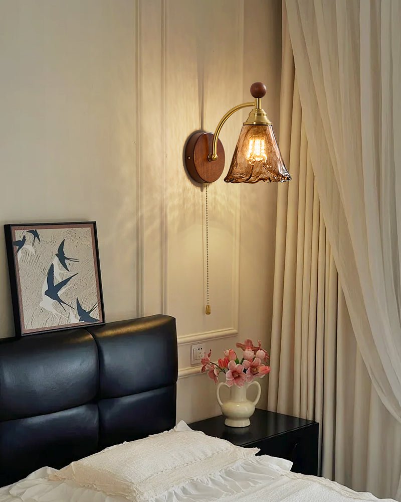 Amberveil Bloom Wall Sconce with Amber Glass Shade and Brass Accents