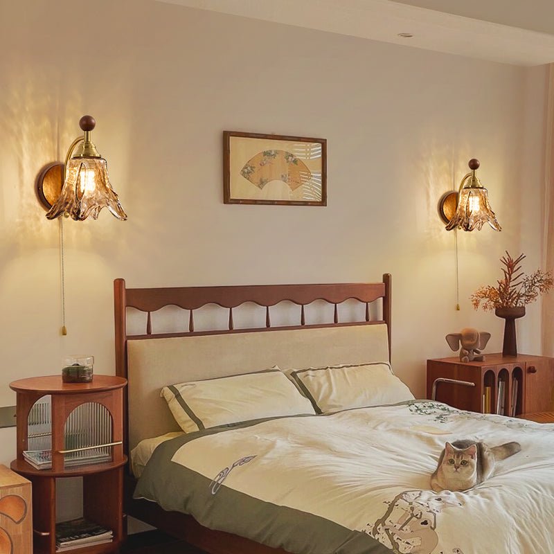Amberveil Bloom Wall Sconce with Amber Glass Shade and Brass Accents