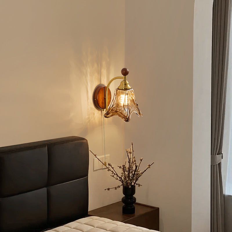 Amberveil Bloom Wall Sconce with Amber Glass Shade and Brass Accents