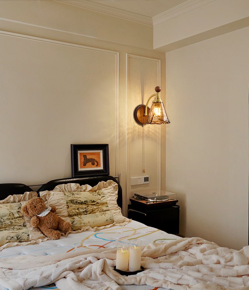 Amberveil Bloom Wall Sconce with Amber Glass Shade and Brass Accents