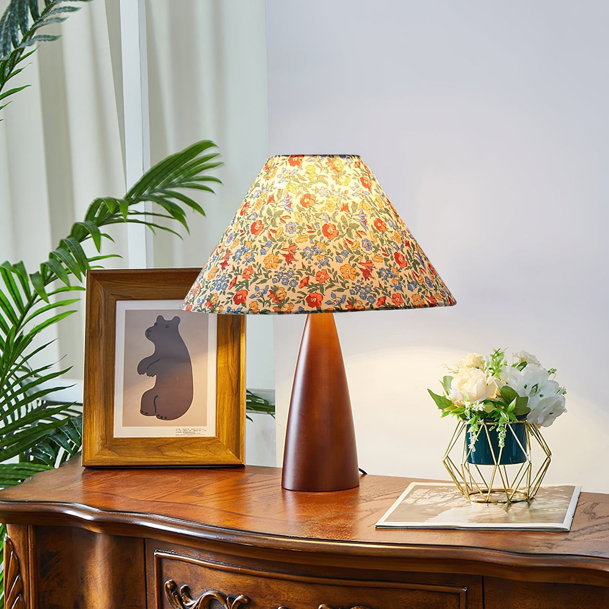 Amelia Blossom Table Lamp – Vintage Floral Wooden Bedside Light