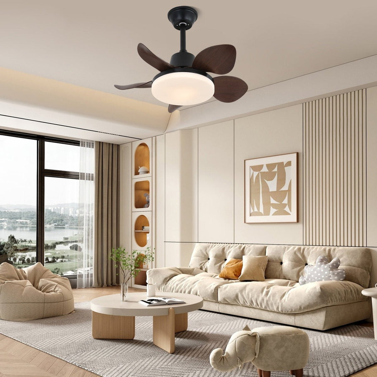 Amelia Designer Ceiling Fan Light with LED – Walnut or Black