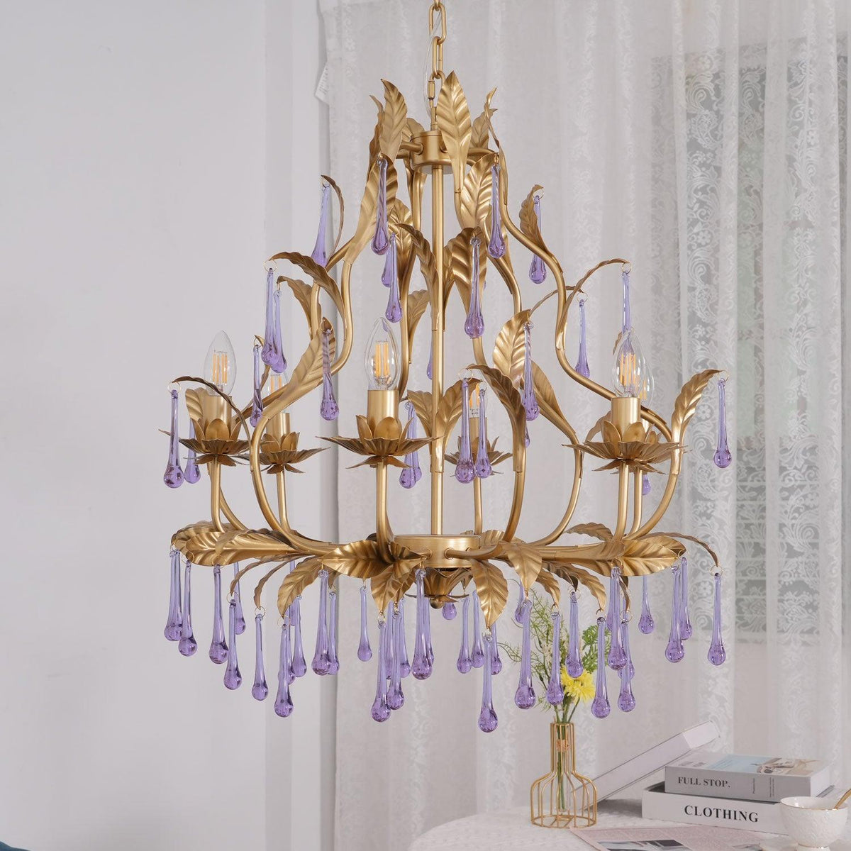 Amethyst Drops Crystal Chandelier with Gold Leaf Accents for Dining Room and Living Room