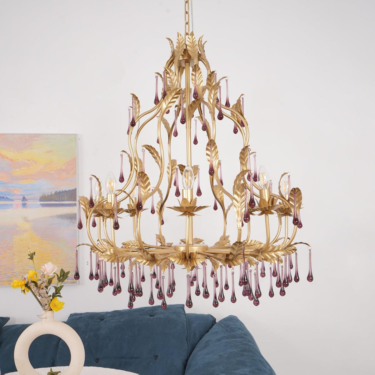 Amethyst Drops Crystal Chandelier with Gold Leaf Accents for Dining Room and Living Room