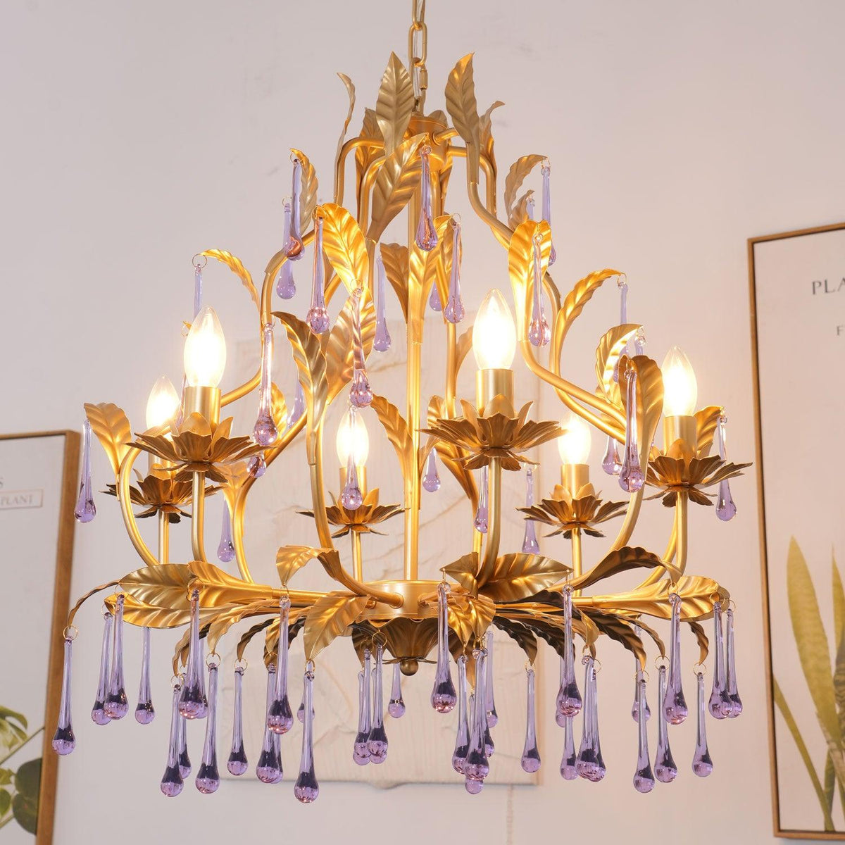 Amethyst Drops Crystal Chandelier with Gold Leaf Accents for Dining Room and Living Room