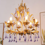 Amethyst Drops Crystal Chandelier with Gold Leaf Accents for Dining Room and Living Room