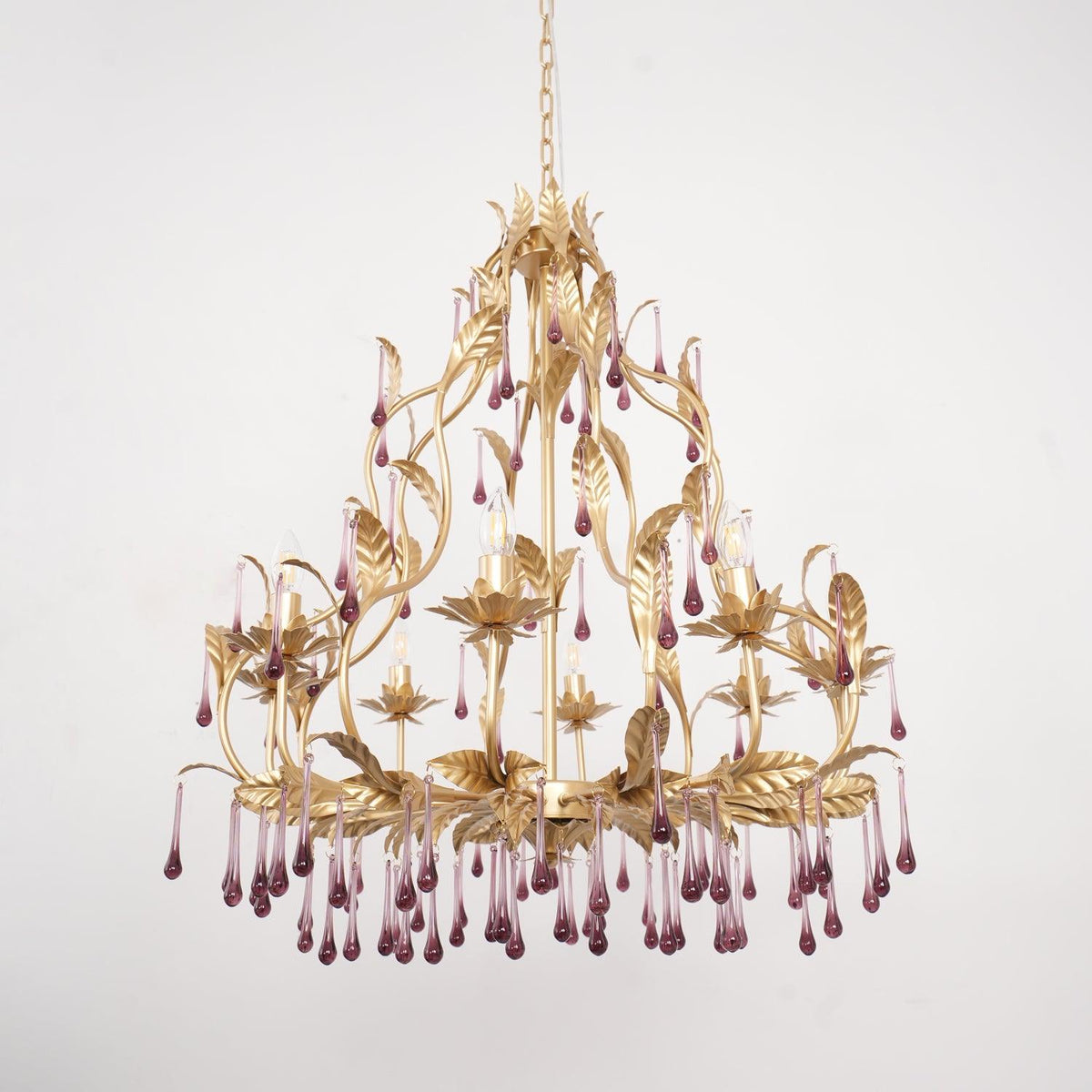 Amethyst Drops Crystal Chandelier with Gold Leaf Accents for Dining Room and Living Room