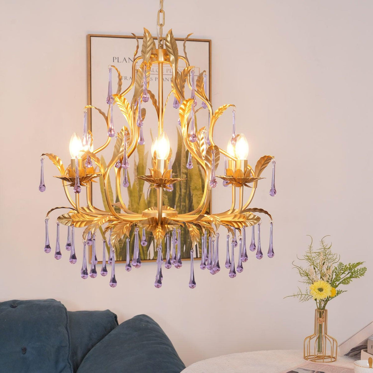 Amethyst Drops Crystal Chandelier with Gold Leaf Accents for Dining Room and Living Room