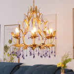 Amethyst Drops Crystal Chandelier with Gold Leaf Accents for Dining Room and Living Room
