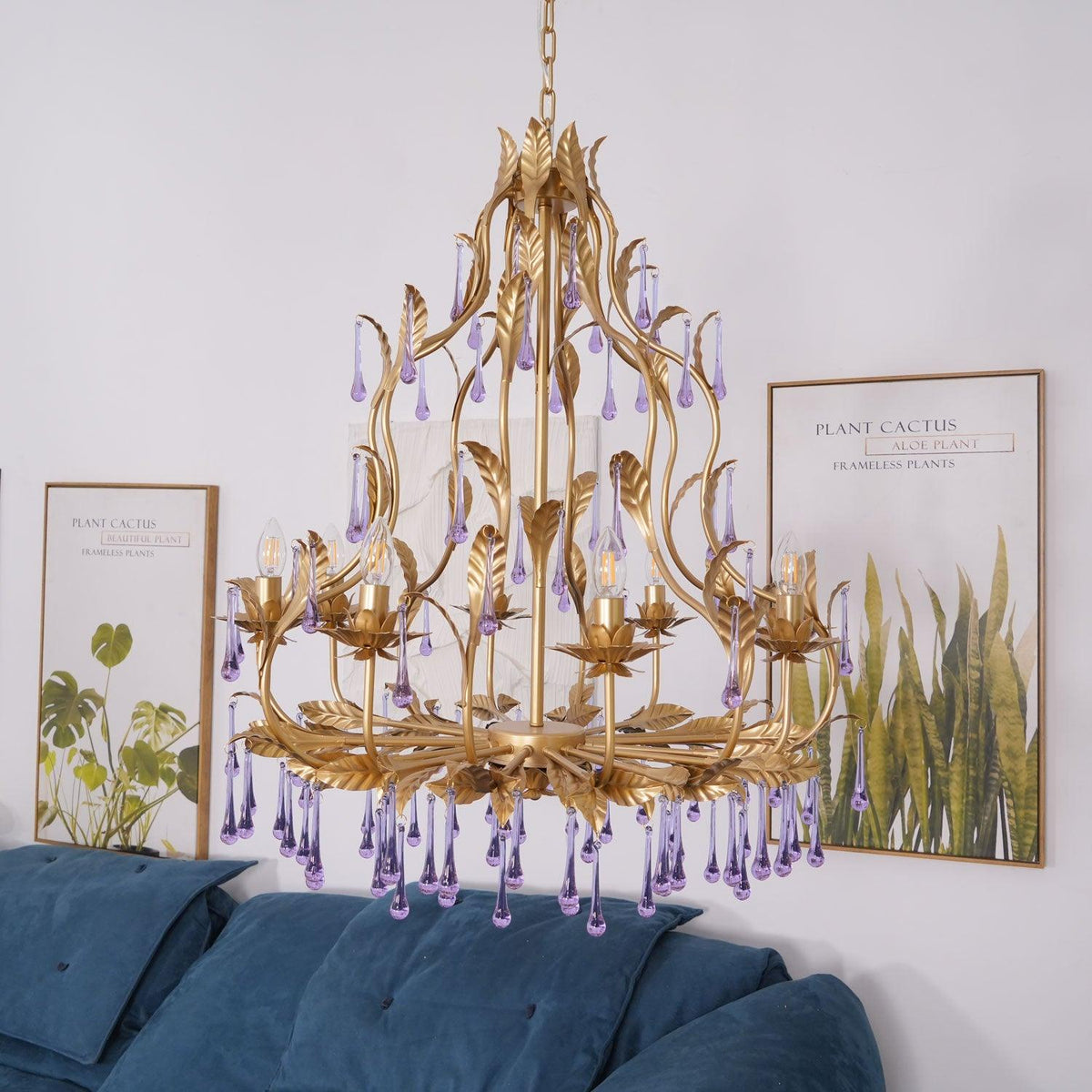 Amethyst Drops Crystal Chandelier with Gold Leaf Accents for Dining Room and Living Room