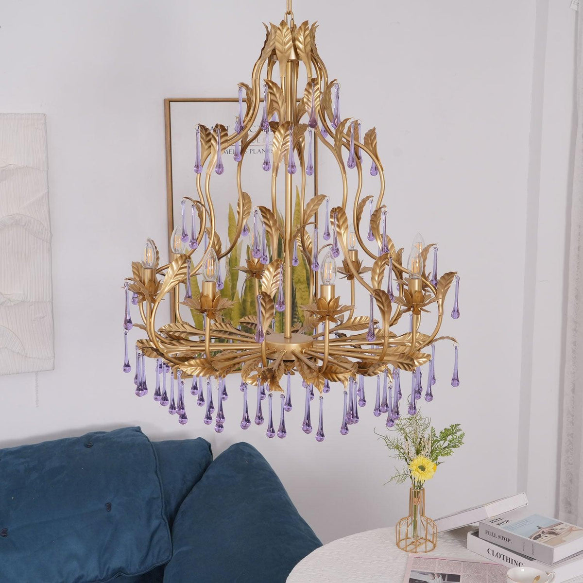 Amethyst Drops Crystal Chandelier with Gold Leaf Accents for Dining Room and Living Room