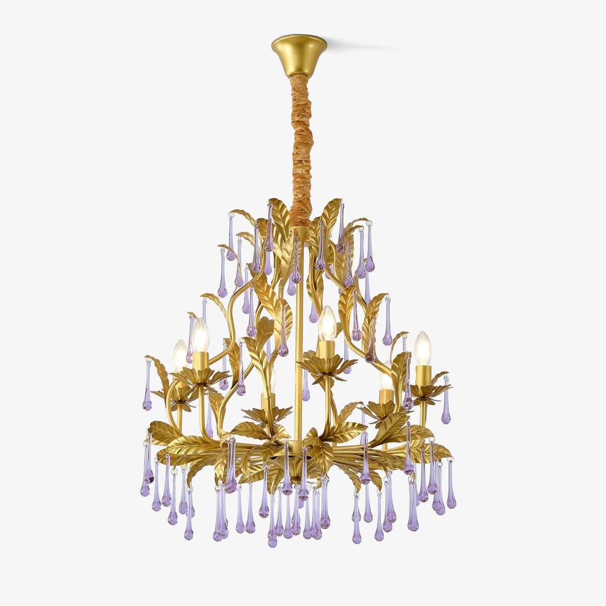 Amethyst Drops Crystal Chandelier with Gold Leaf Accents for Dining Room and Living Room