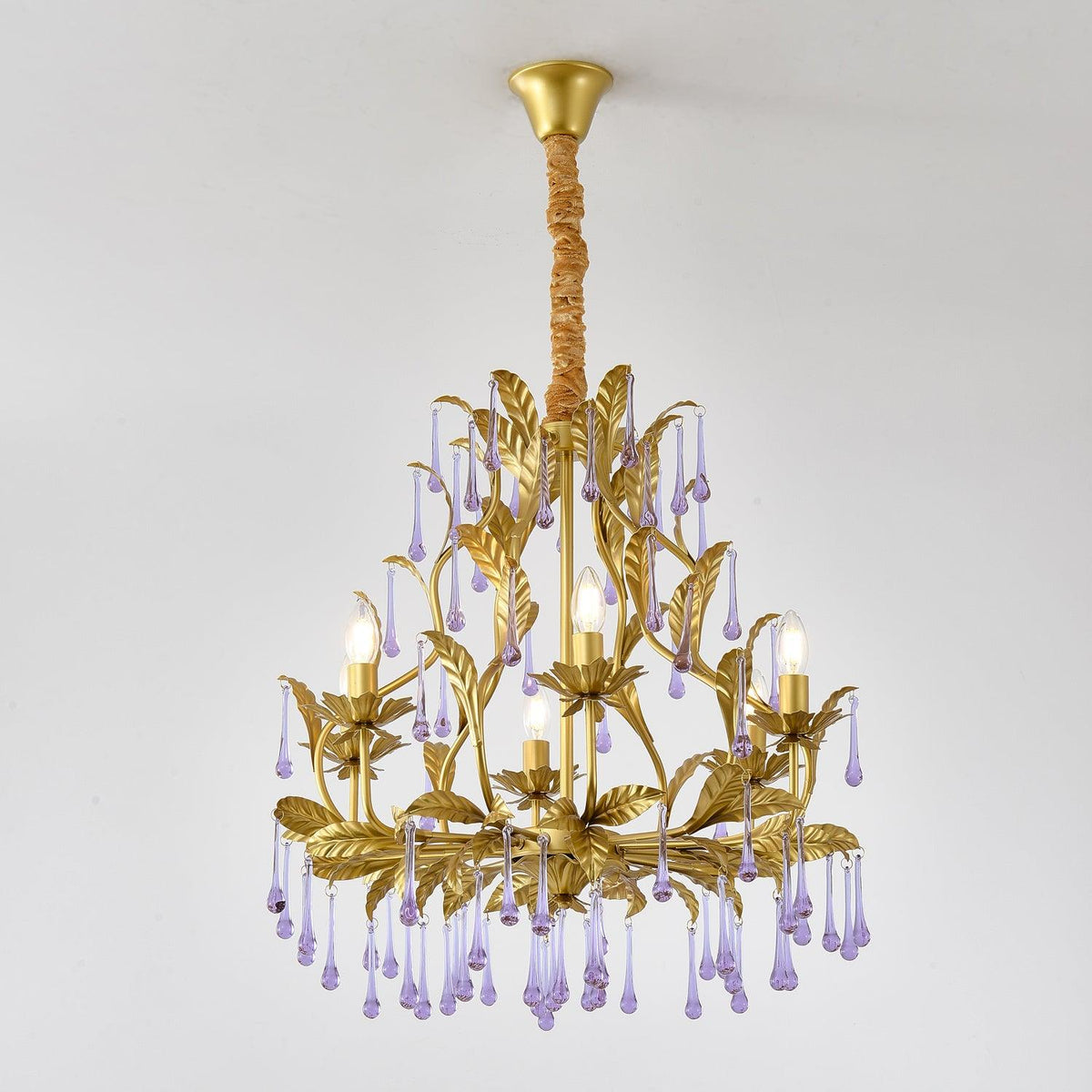 Amethyst Drops Crystal Chandelier with Gold Leaf Accents for Dining Room and Living Room