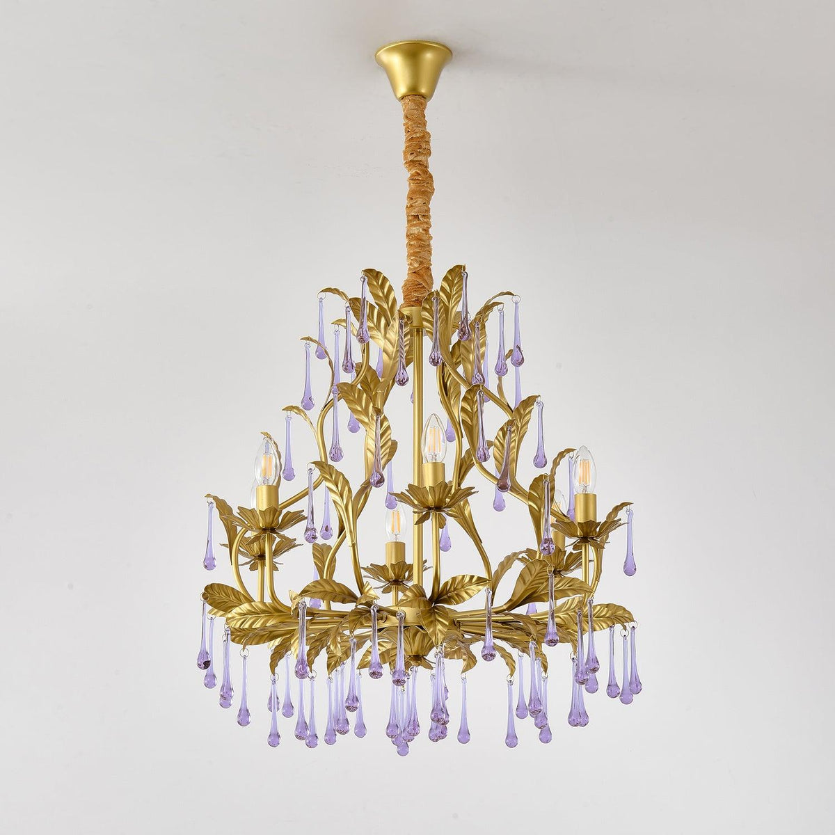 Amethyst Drops Crystal Chandelier with Gold Leaf Accents for Dining Room and Living Room