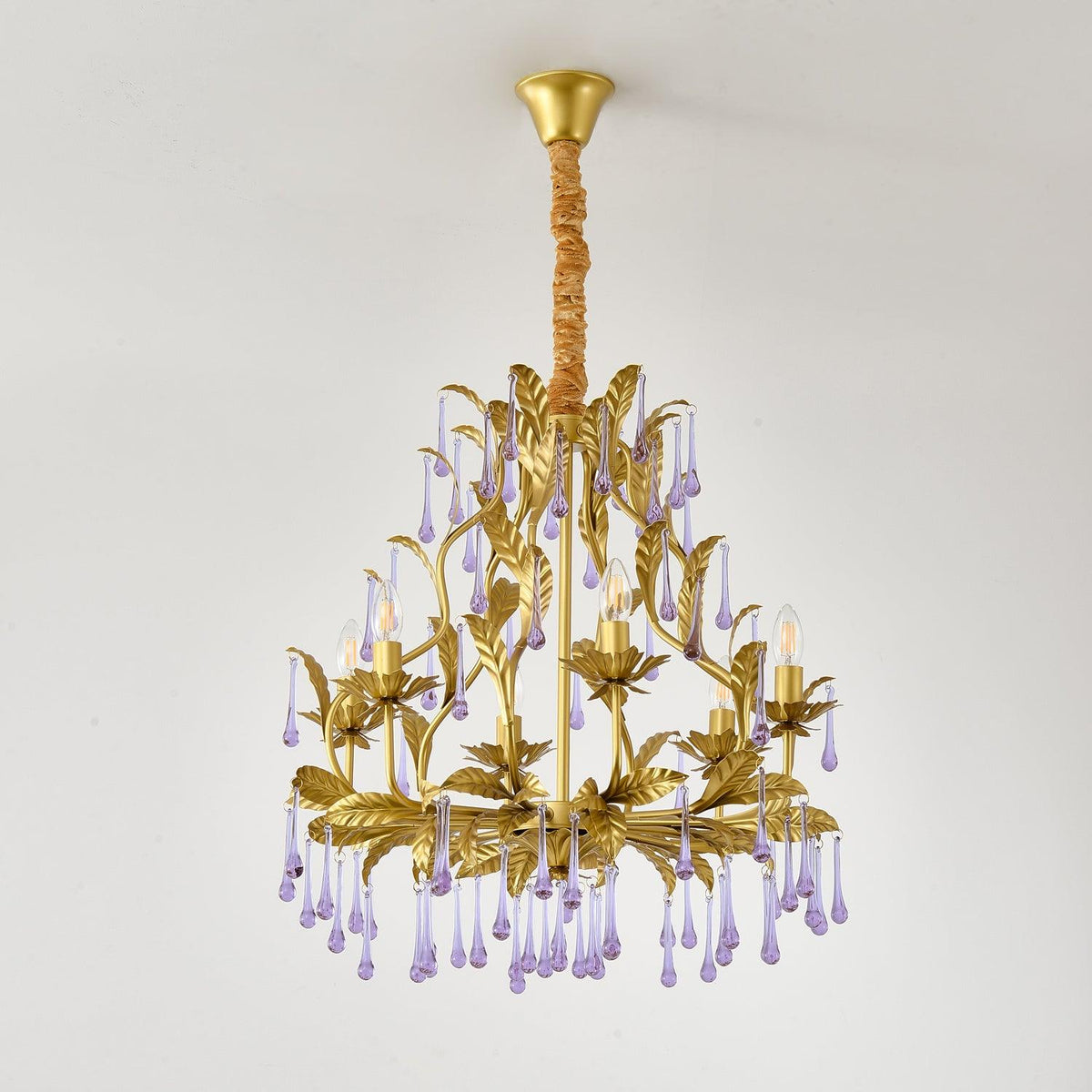 Amethyst Drops Crystal Chandelier with Gold Leaf Accents for Dining Room and Living Room
