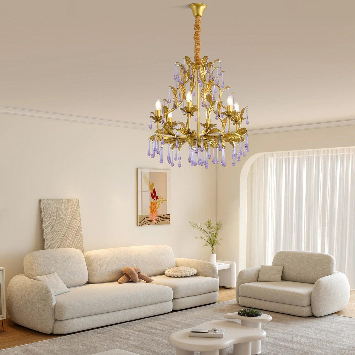 Amethyst Drops Crystal Chandelier with Gold Leaf Accents for Dining Room and Living Room