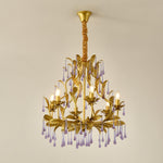 Amethyst Drops Crystal Chandelier with Gold Leaf Accents for Dining Room and Living Room