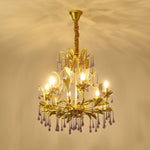 Amethyst Drops Crystal Chandelier with Gold Leaf Accents for Dining Room and Living Room