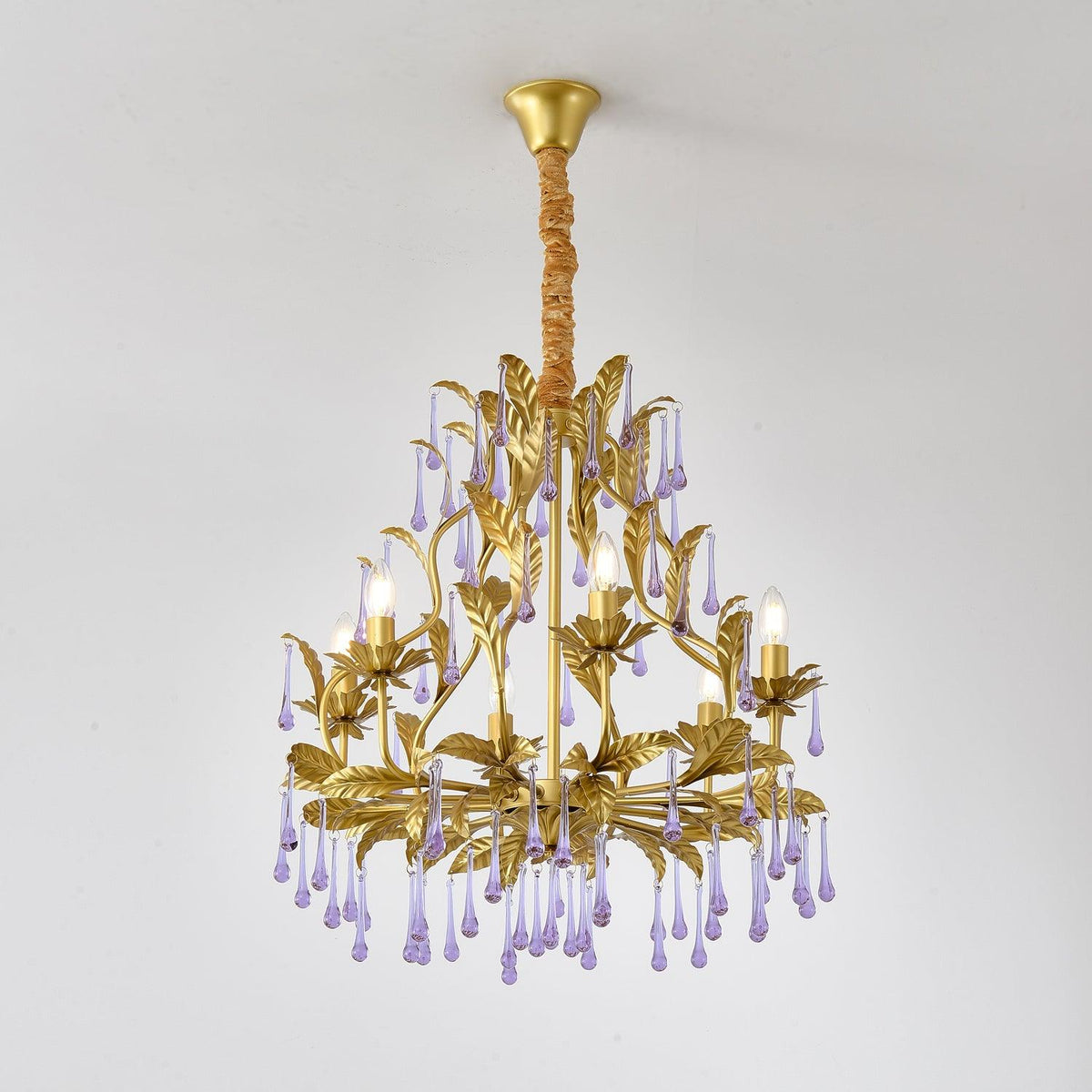 Amethyst Drops Crystal Chandelier with Gold Leaf Accents for Dining Room and Living Room