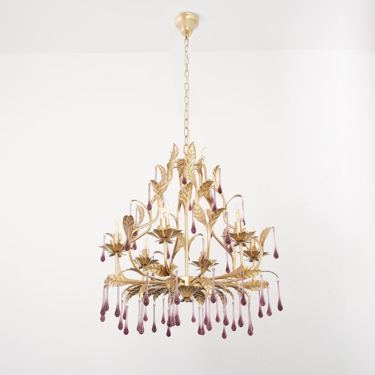 Amethyst Drops Crystal Chandelier with Gold Leaf Accents for Dining Room and Living Room