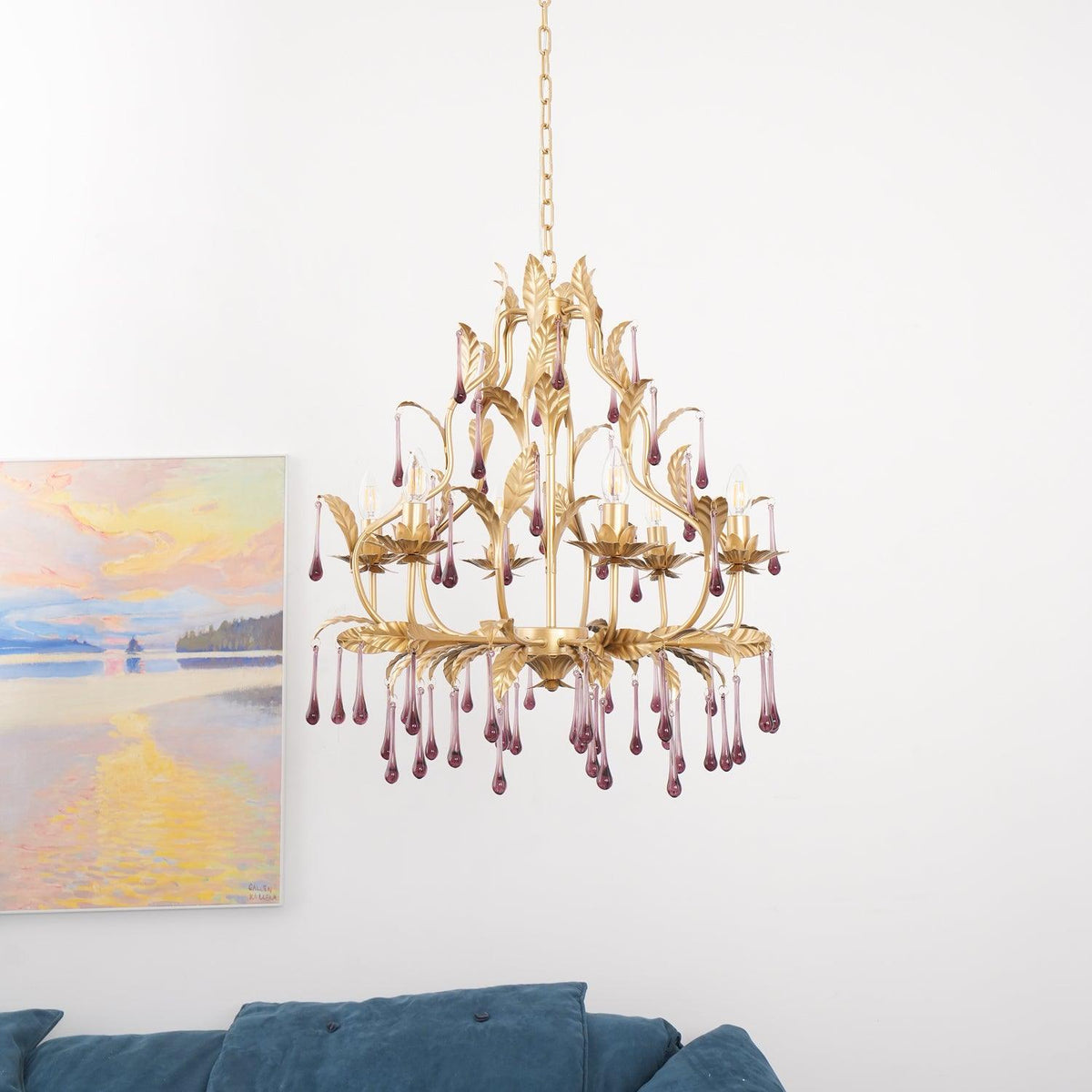 Amethyst Drops Crystal Chandelier with Gold Leaf Accents for Dining Room and Living Room