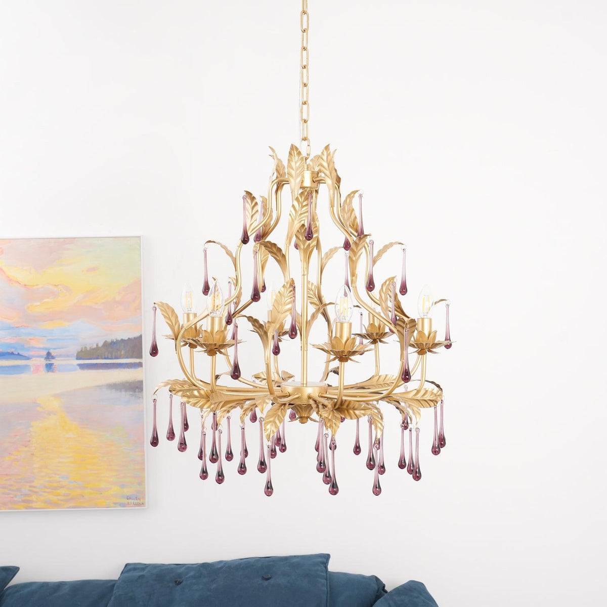 Amethyst Drops Crystal Chandelier with Gold Leaf Accents for Dining Room and Living Room