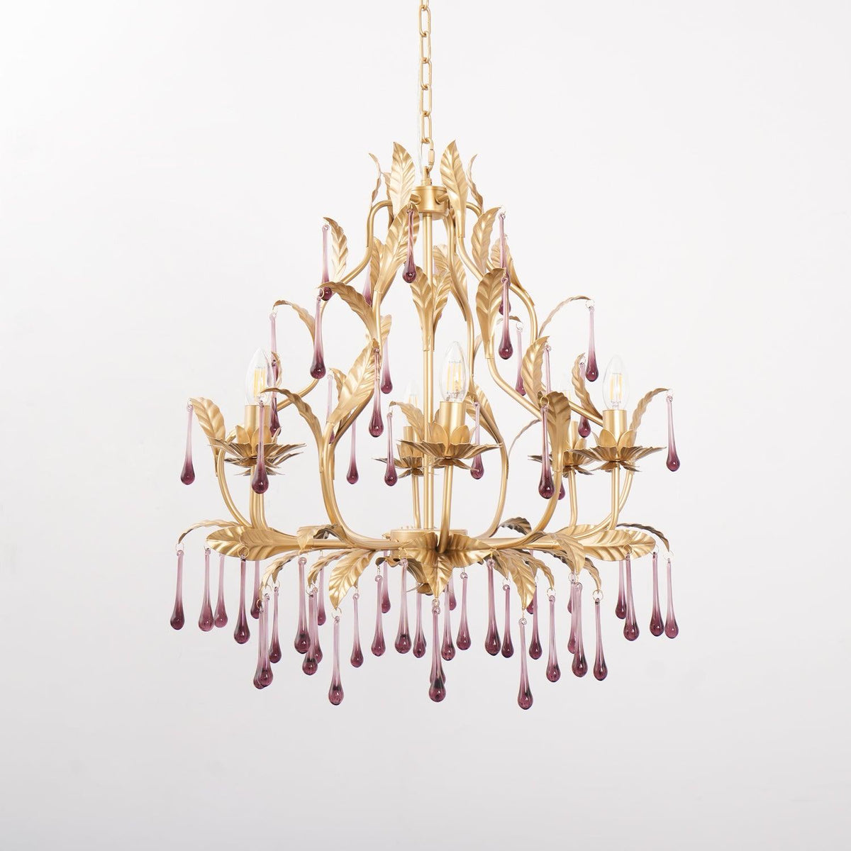 Amethyst Drops Crystal Chandelier with Gold Leaf Accents for Dining Room and Living Room