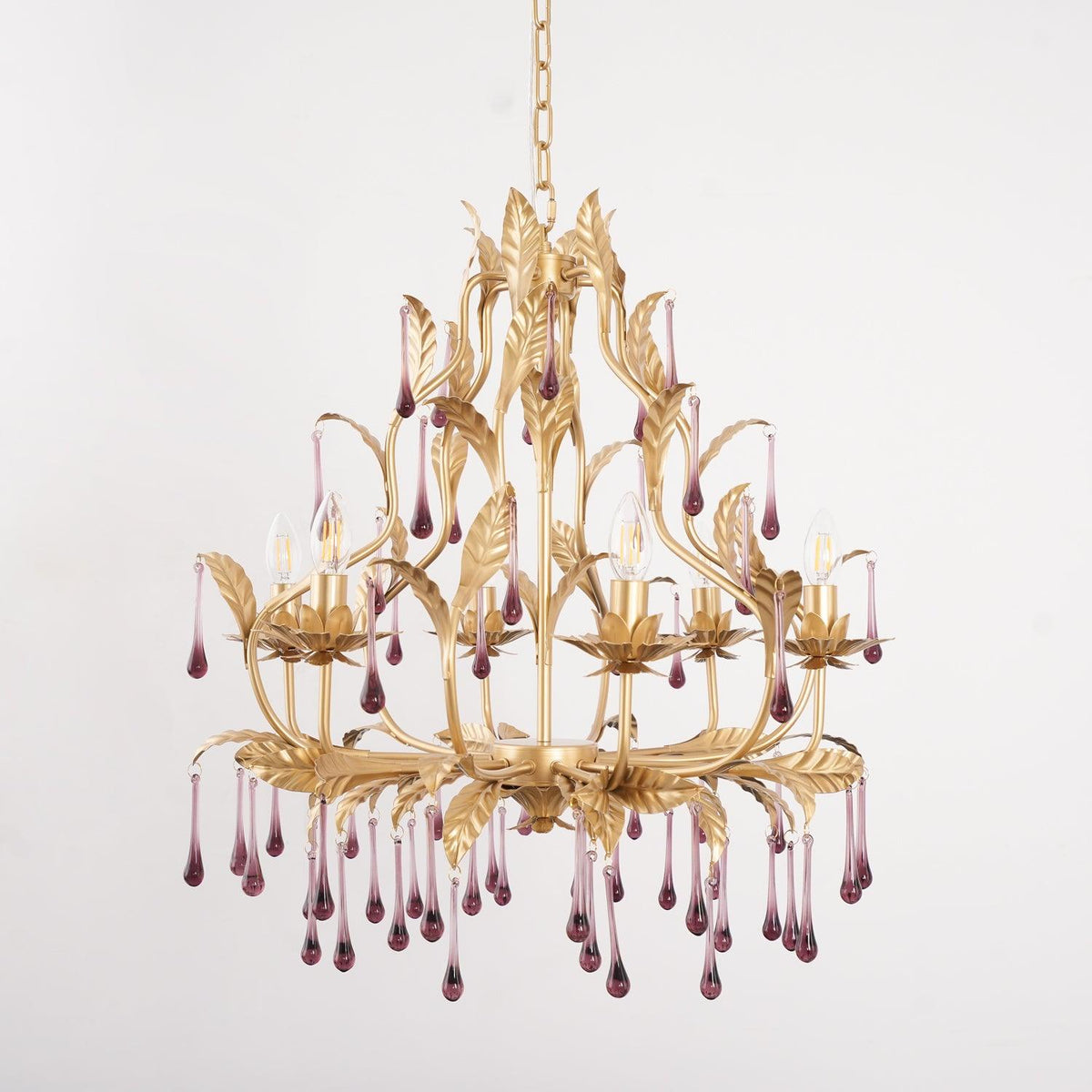 Amethyst Drops Crystal Chandelier with Gold Leaf Accents for Dining Room and Living Room