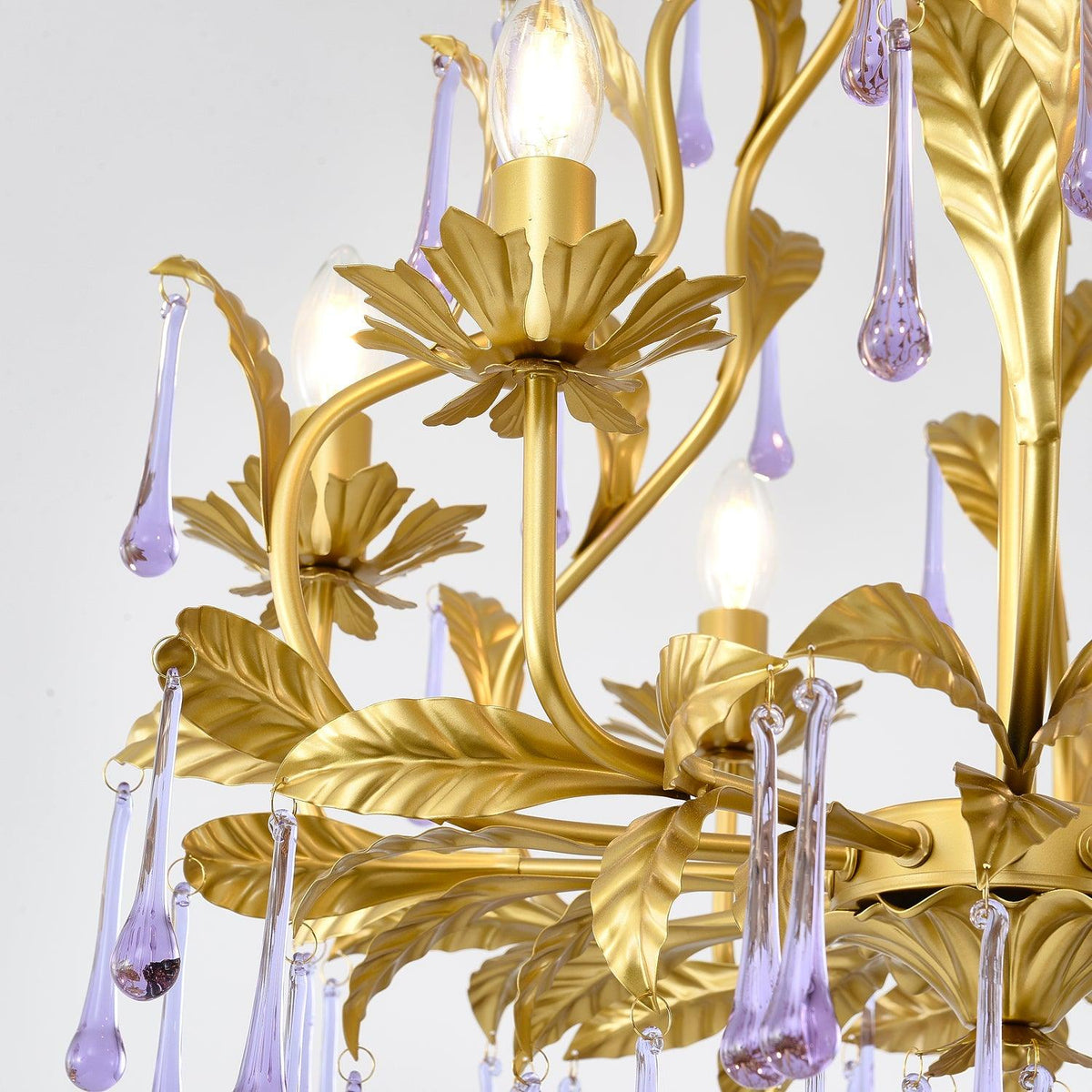Amethyst Drops Crystal Chandelier with Gold Leaf Accents for Dining Room and Living Room