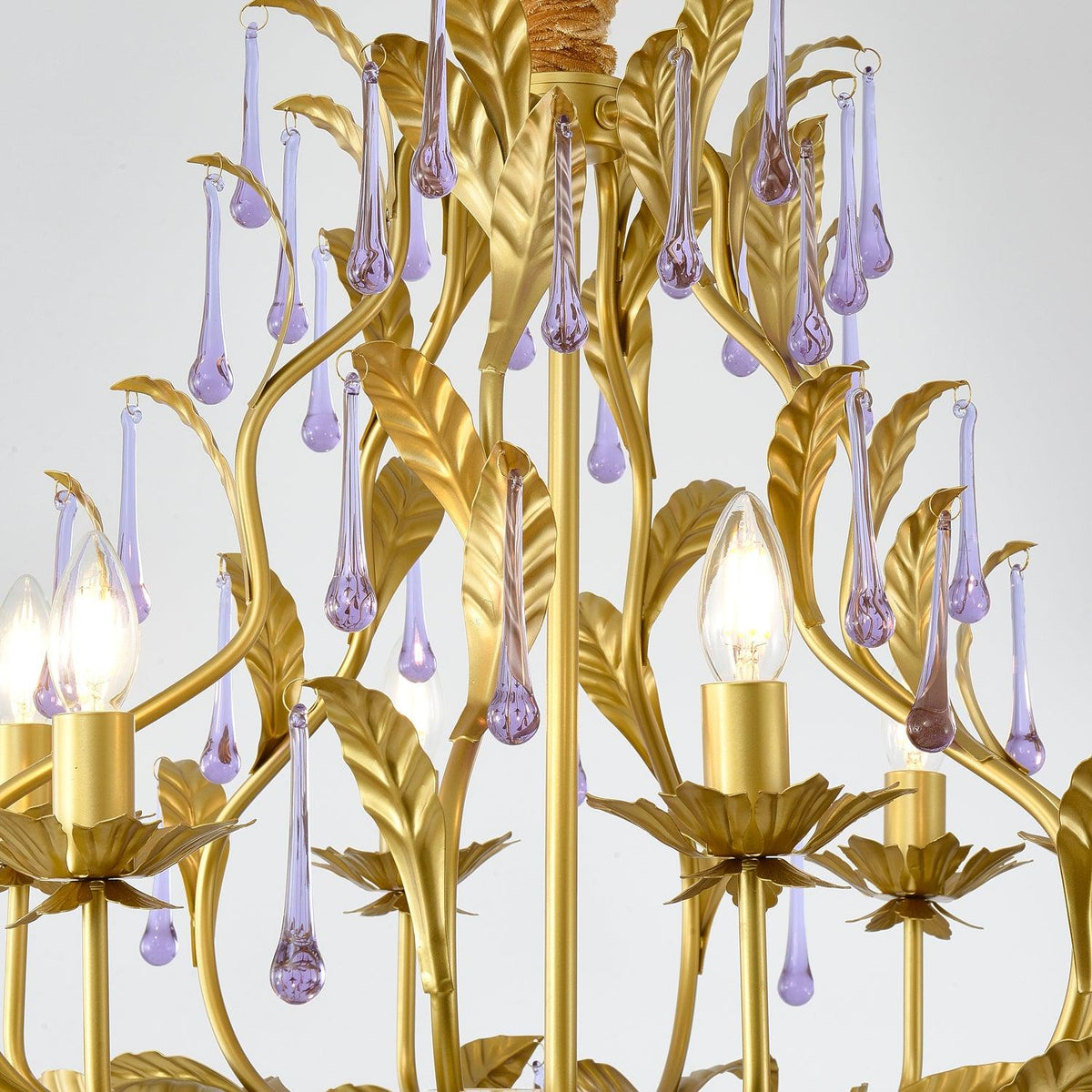 Amethyst Drops Crystal Chandelier with Gold Leaf Accents for Dining Room and Living Room