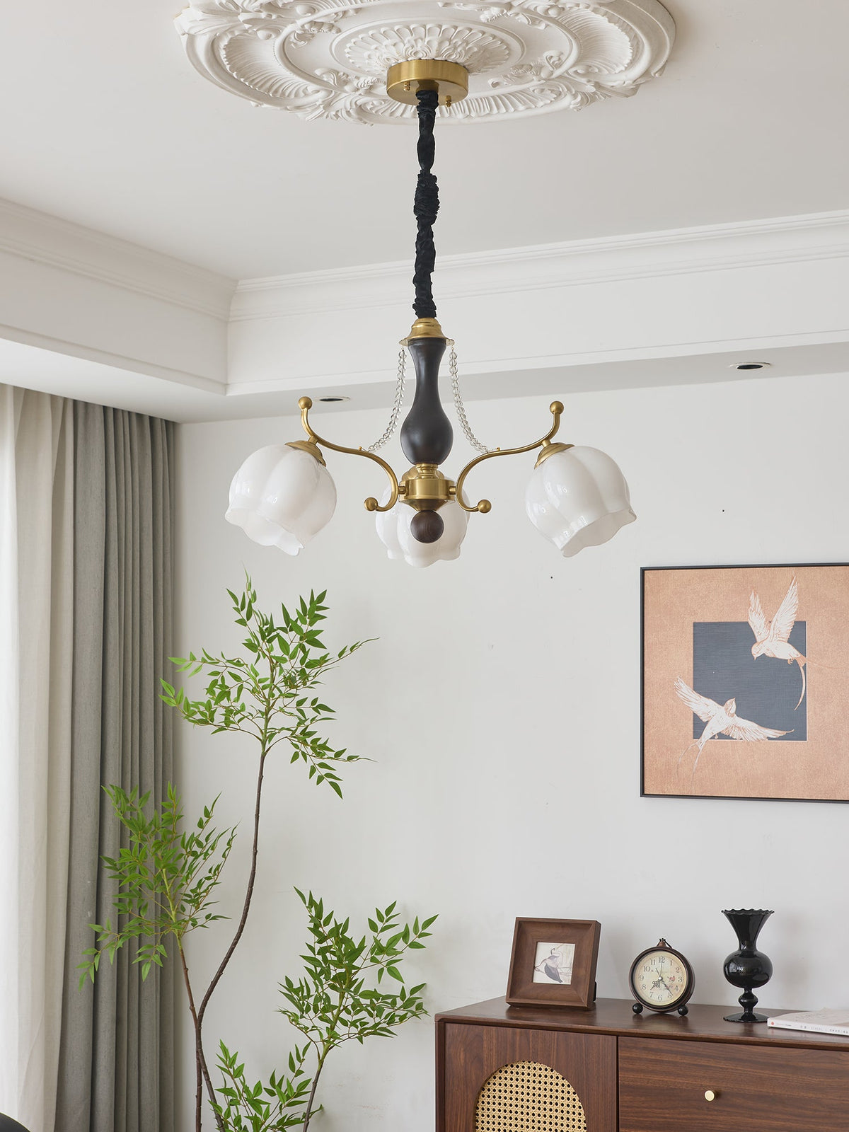Antonia Modern Brass and Walnut Chandelier with Frosted Glass Shades