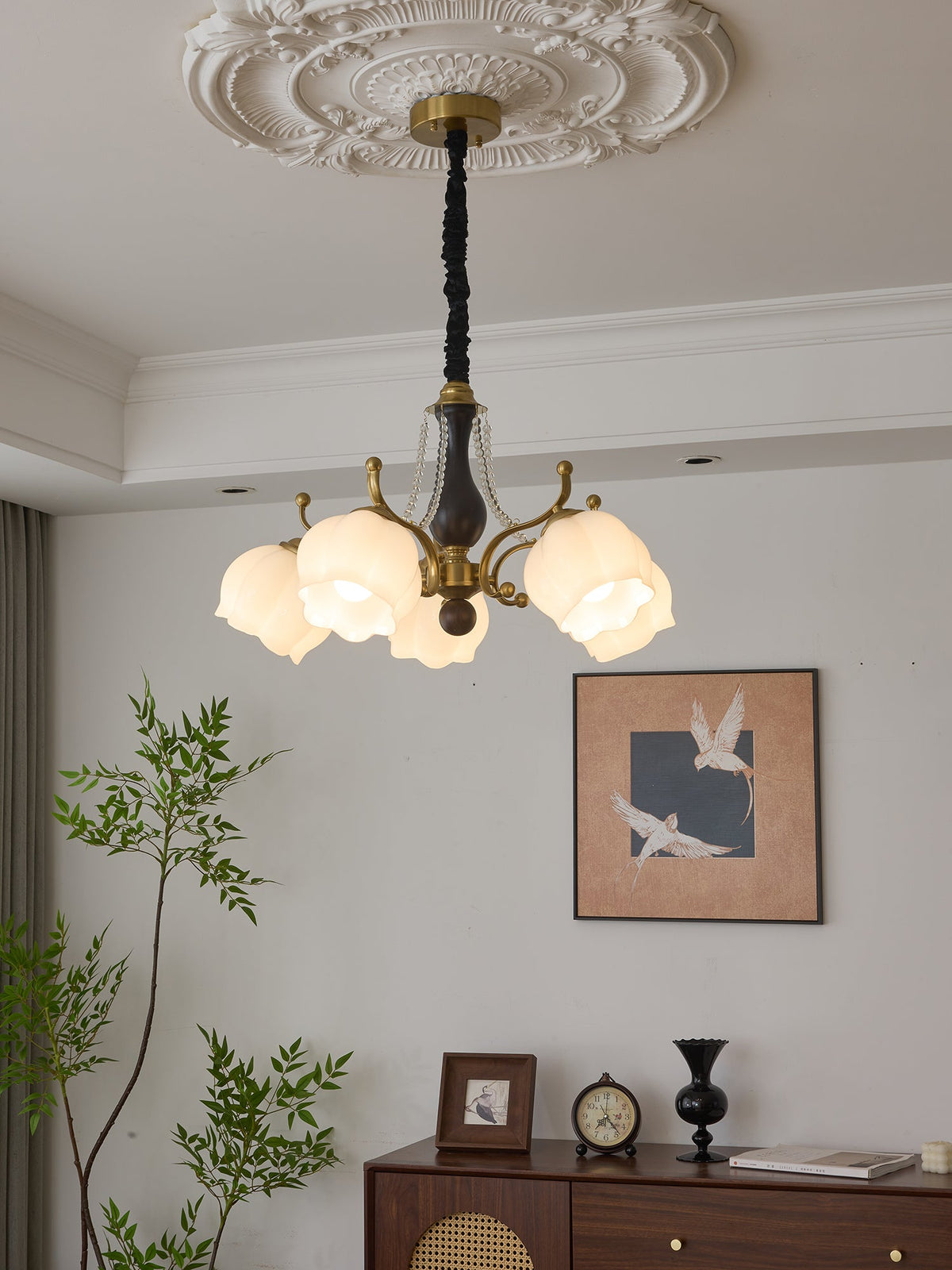 Antonia Modern Brass and Walnut Chandelier with Frosted Glass Shades