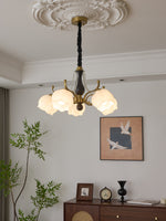 Antonia Modern Brass and Walnut Chandelier with Frosted Glass Shades