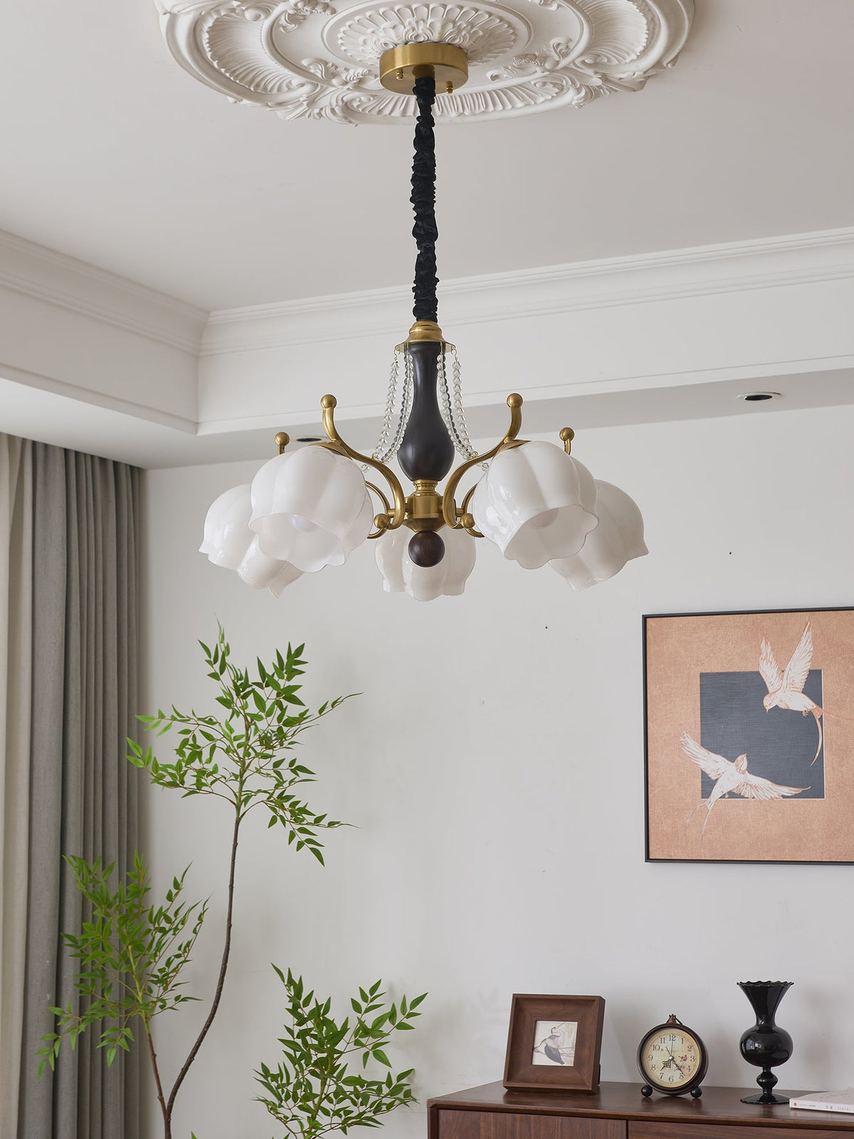 Antonia Modern Brass and Walnut Chandelier with Frosted Glass Shades