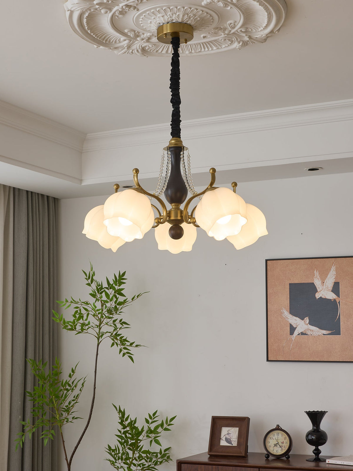 Antonia Modern Brass and Walnut Chandelier with Frosted Glass Shades